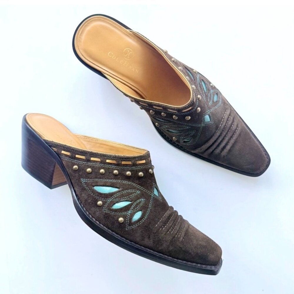 Cole Haan Studded Western Mules Suede Slides with Heel (Brown, Turquoise, Gold)